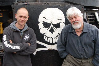 Sea Sepherd Captains Alex Cornelissen and Paul Watson, during the 2006-07 Antarctica Campaign. Photo credit: Sea Shepherd
